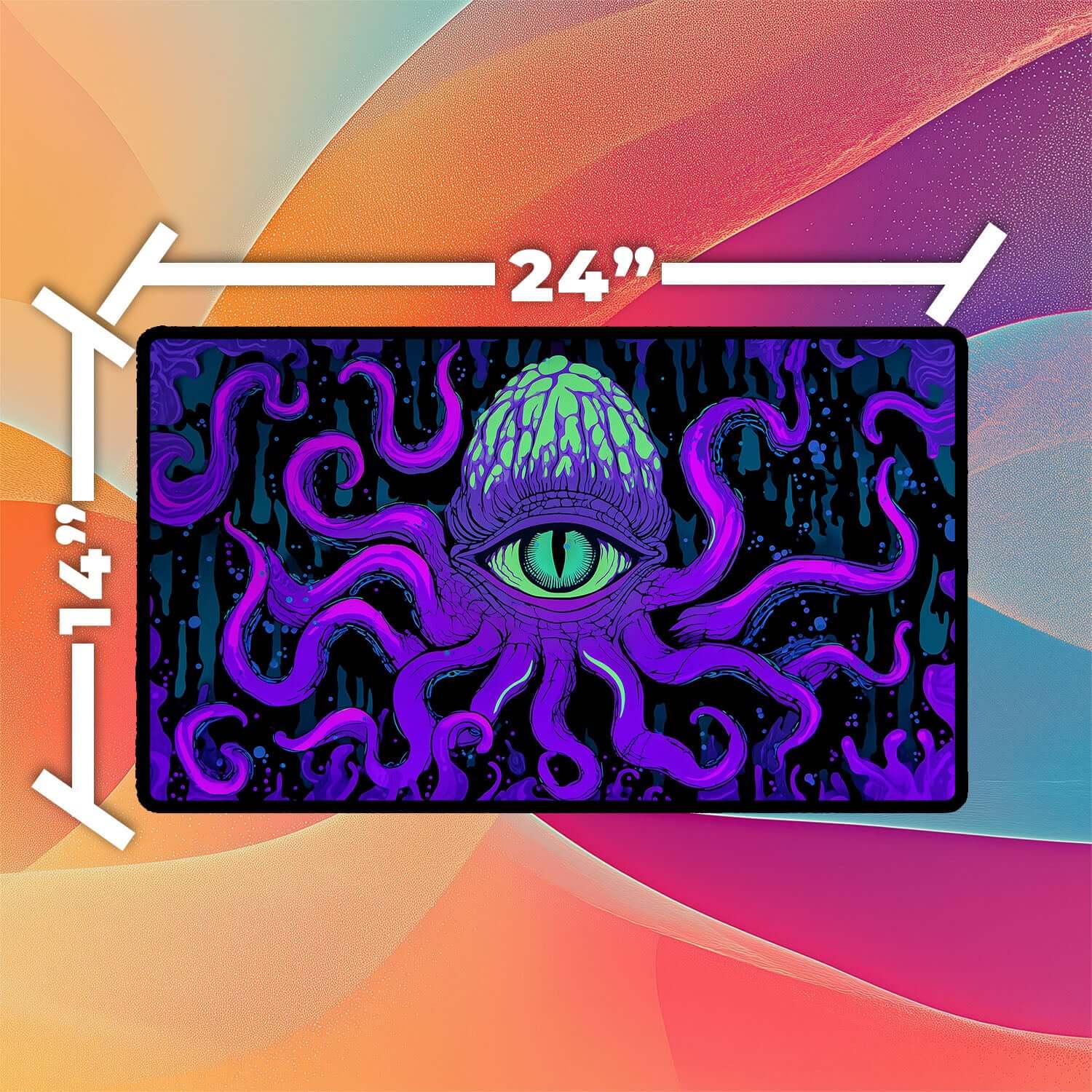 Psychedelic Cthulhu Eye Playmat | Magic the Gathering Playmat | Neon Tentacle Playmat with Zones Option | 24x14 | 22x12 | 32x16 Sizes