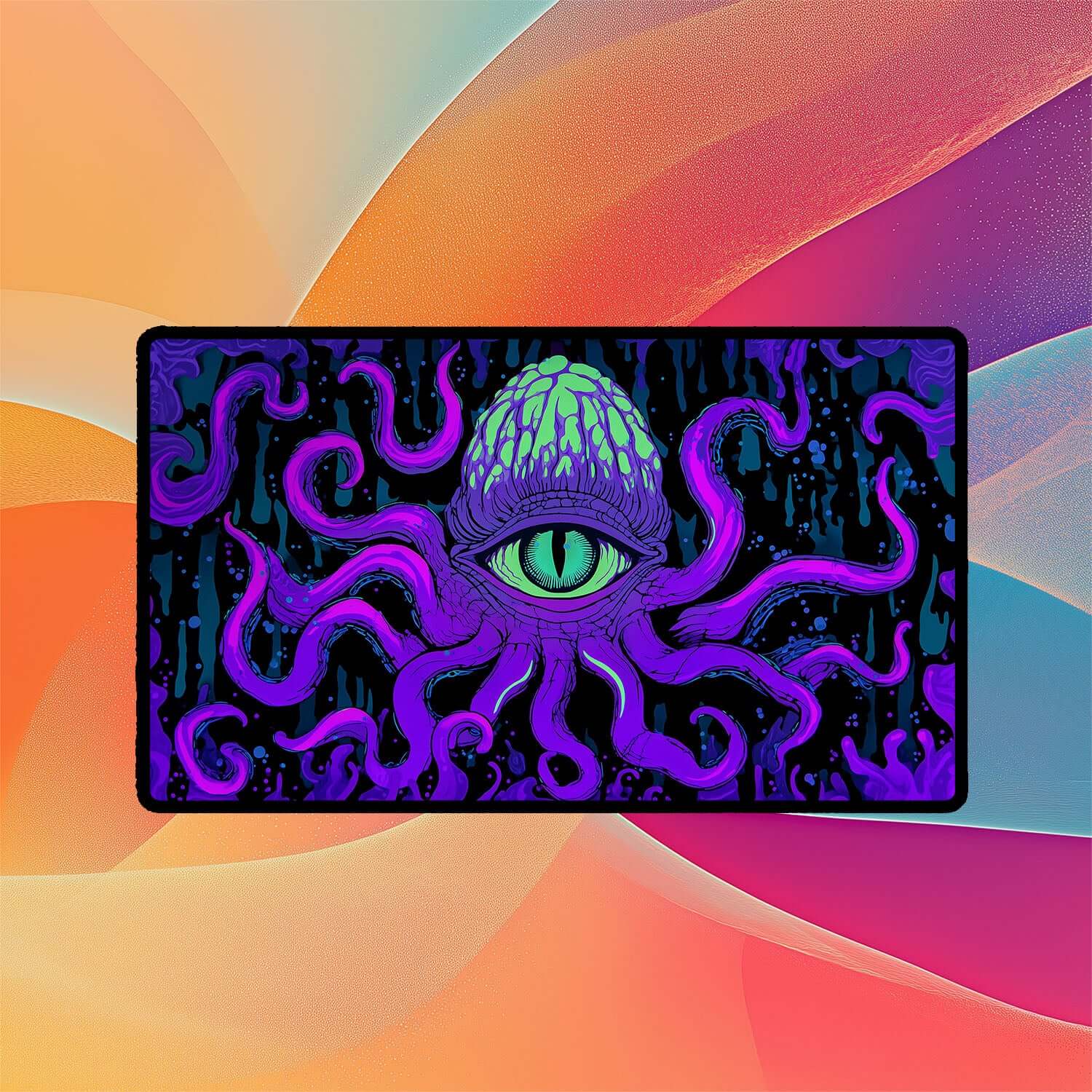 Psychedelic Cthulhu Eye Playmat | Magic the Gathering Playmat | Neon Tentacle Playmat with Zones Option | 24x14 | 22x12 | 32x16 Sizes