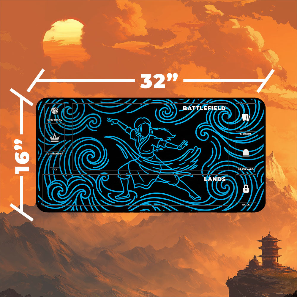 Neon Katara playmat featuring dynamic waterbending wave art, dimensions 32 x 16 inches, perfect for MTG gaming.