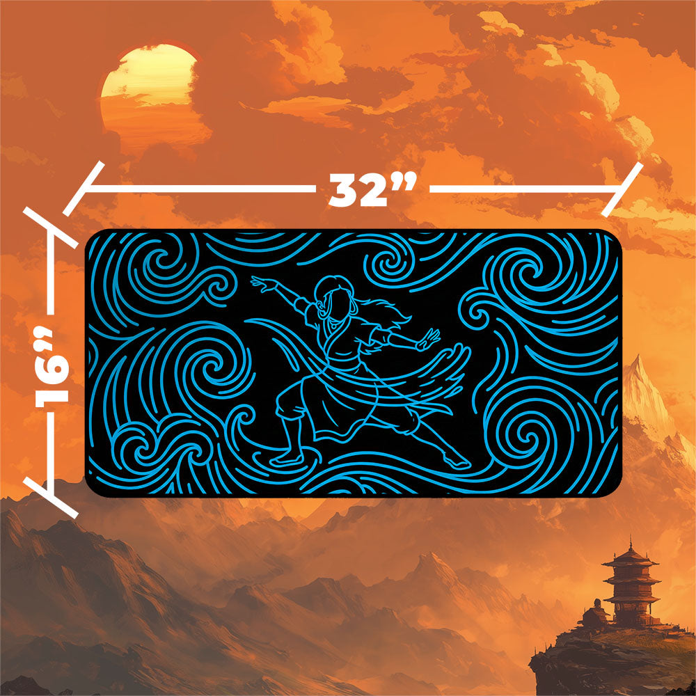 Neon Katara playmat featuring dynamic waterbending wave art in neon blue colors, measuring 32x16 inches.