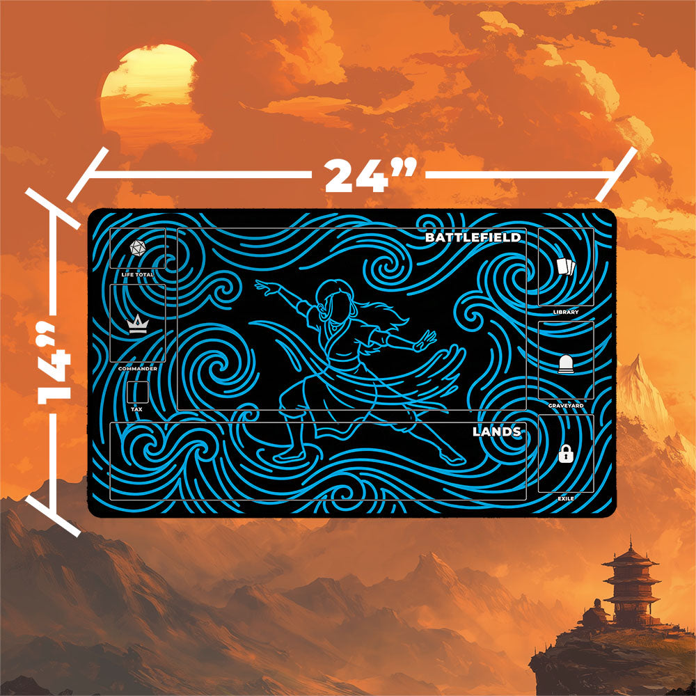 Neon Katara playmat featuring dynamic waterbending design with dimensions 24"x14" and vivid neon colors.