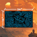 Neon Katara playmat featuring a waterbending wave design in glowing blue tones, dimensions 24" x 14".