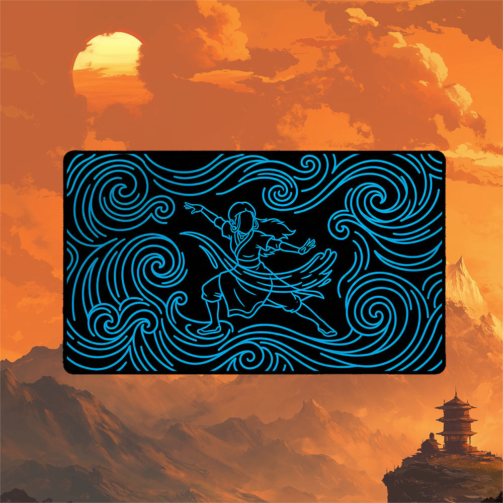 Neon Katara playmat featuring dynamic waterbending wave art in electric blues against a dramatic background.