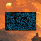 Neon Katara playmat featuring dynamic waterbending wave art in electric blues against a dramatic background.
