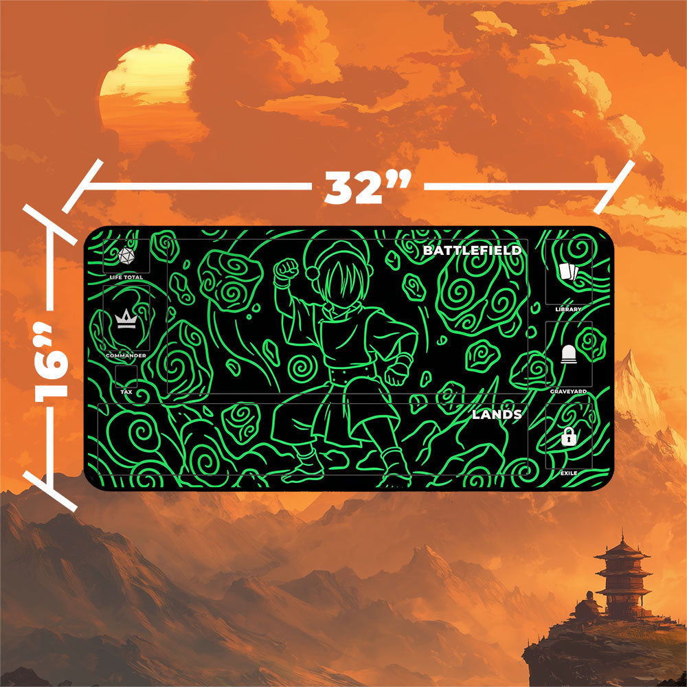 Neon Toph playmat showcasing vibrant neon colors and dynamic earthbending design with dimensions 32x16 inches.