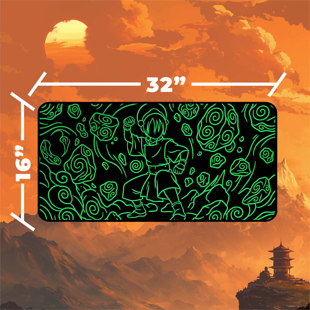 Neon Toph playmat featuring Toph Beifong in dynamic pose, glowing green design on black background, perfect for gaming.