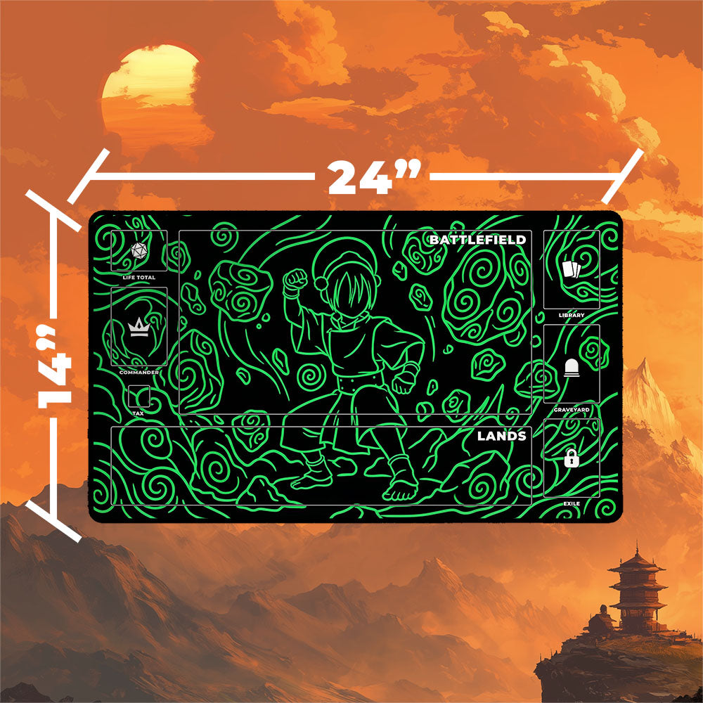 Neon Toph playmat featuring dynamic metalbending pose in vibrant neon colors, measuring 24" x 14".