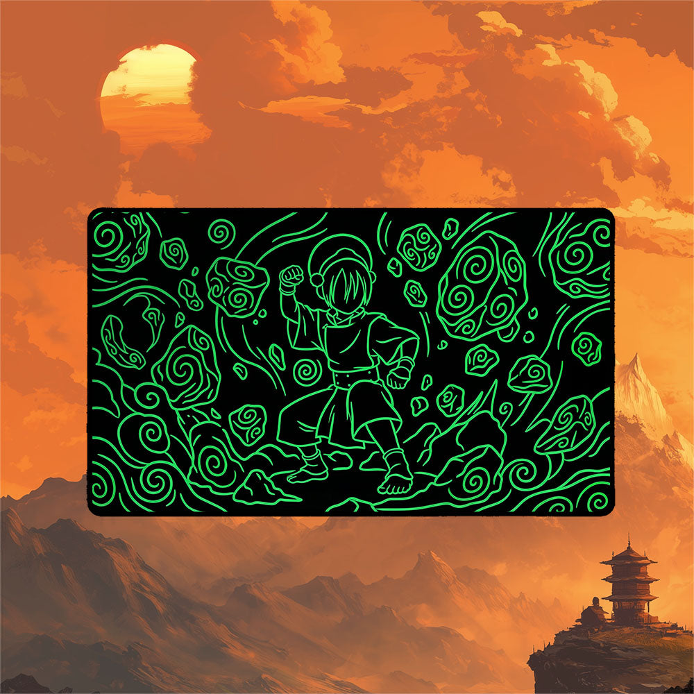Neon Toph playmat featuring a dynamic earthbending pose with glowing green designs on a black background.