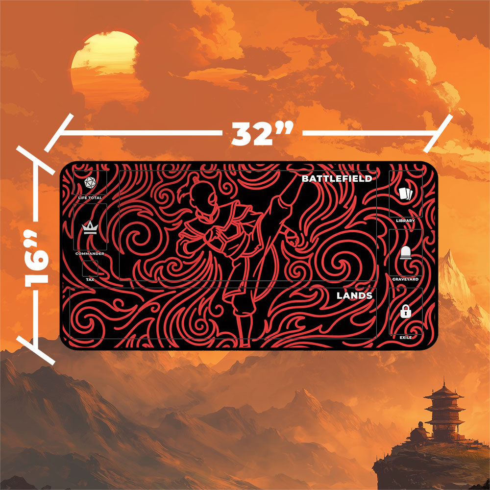 Neon Zuko playmat showing dynamic fire kick design with dimensions 32x16 inches, perfect for MTG gaming.