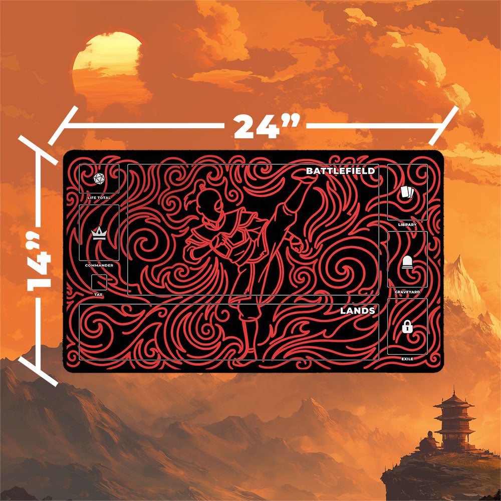 Neon Zuko playmat featuring vibrant fire kick battle art with dimensions 24"x14" for MTG gameplay.