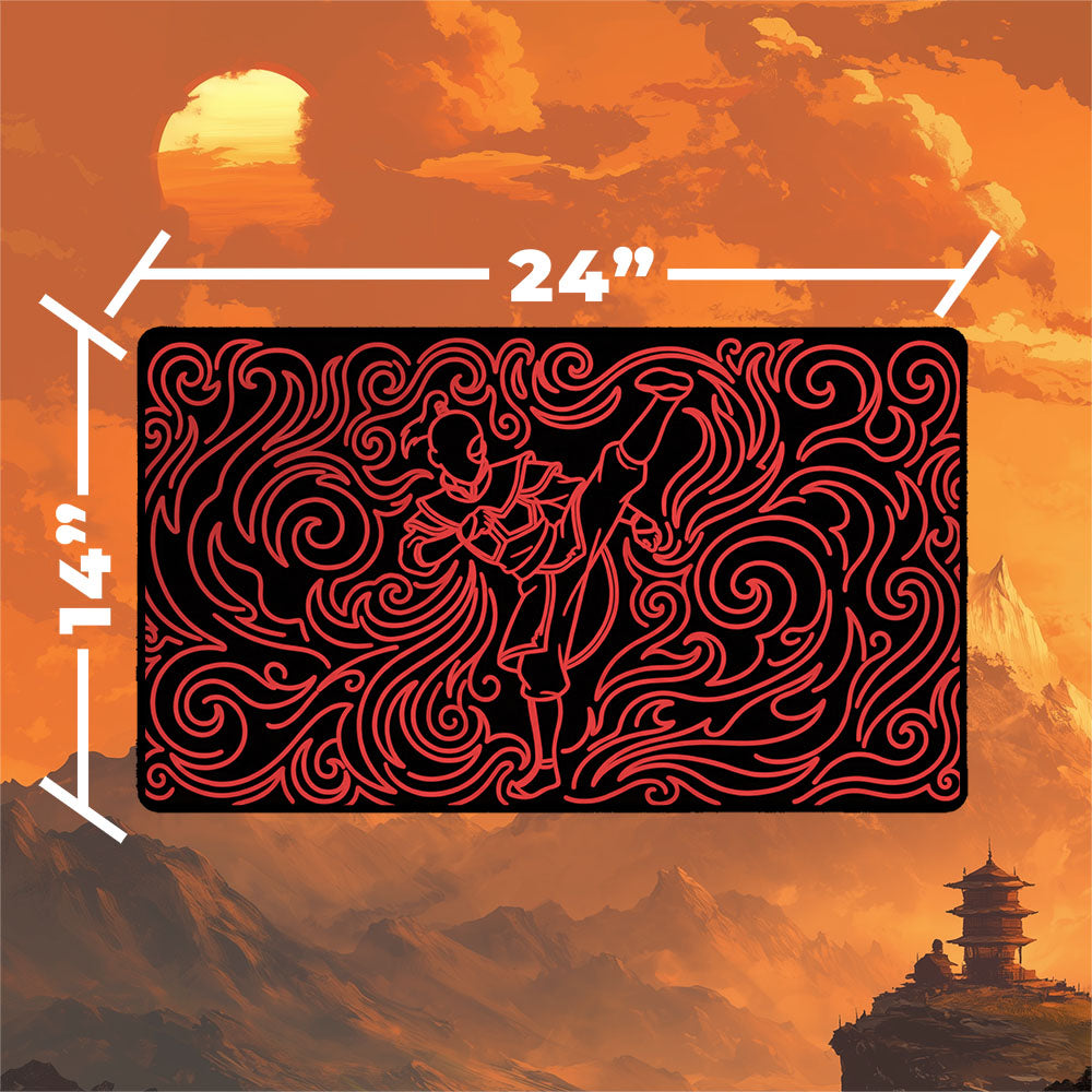 Neon Zuko playmat with dynamic fire kick battle design, measuring 24 x 14 inches, highlighted with bold red patterns.