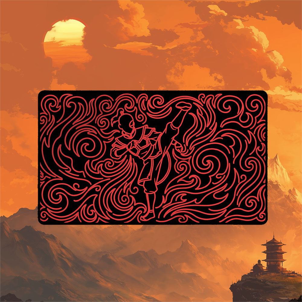 Neon Zuko playmat with dynamic fire kick pose and swirling flames, perfect for tabletop gaming and MTG battles.