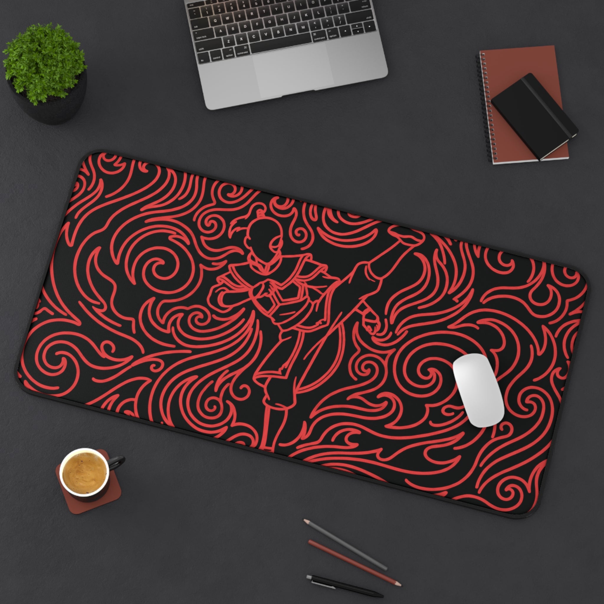 Neon Zuko playmat featuring a firebending pose with dynamic red designs, perfect for gaming or desk use.