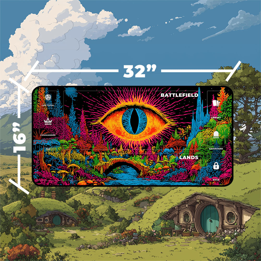 Shire playmat featuring a psychedelic landscape with vibrant colors, a large eye, and a whimsical hobbit home.