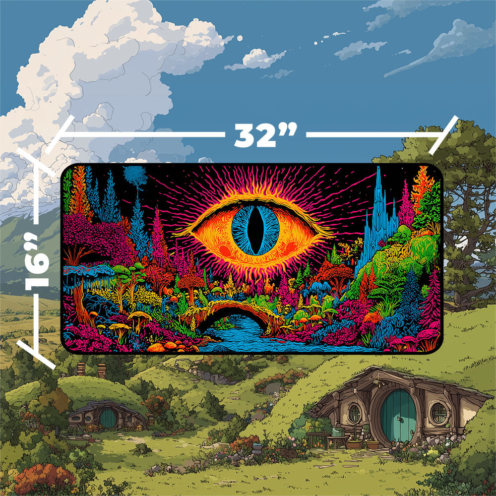 Shire playmat featuring a psychedelic eye design with vibrant colors and a fantastical landscape.