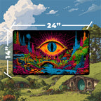 Shire playmat featuring a psychedelic design with vibrant colors, depicting an eye over a fantasy landscape.