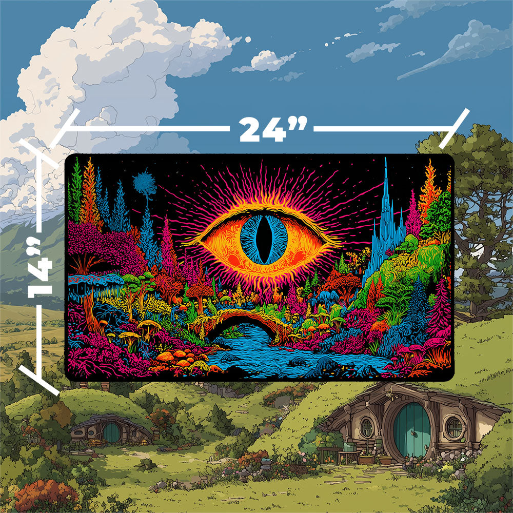 Shire playmat featuring a psychedelic design with vibrant colors, depicting an eye over a fantasy landscape.