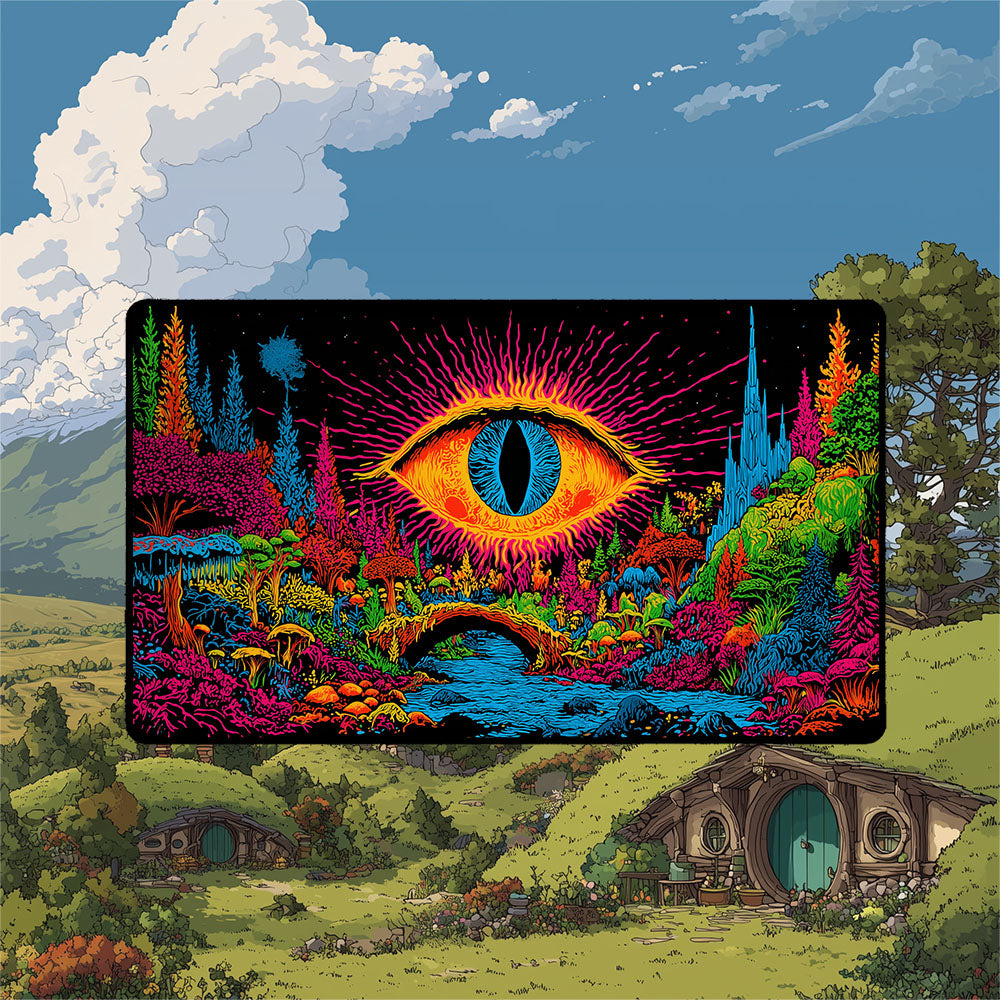 Shire playmat featuring a psychedelic landscape with vibrant colors and an iconic hobbit home in the background.