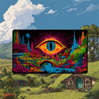 Shire playmat featuring a psychedelic landscape with vibrant colors and an iconic hobbit home in the background.