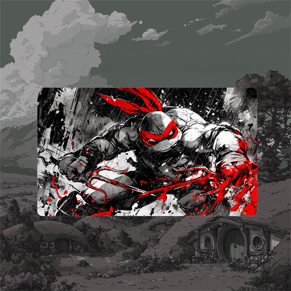 Raphael TMNT borderless playmat featuring dynamic black and red artwork of Raphael in action.