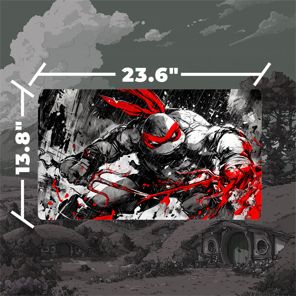 Raphael TMNT borderless playmat featuring bold black noir art with dynamic imagery of Raphael.