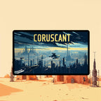 Coruscant playmat with glittering spires and electric blue tones TCG desk mat