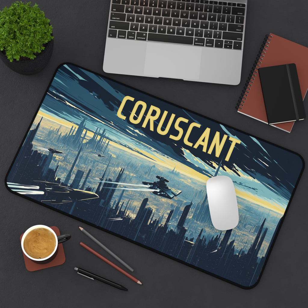 Coruscant playmat featuring a vintage retro travel poster design with city skyline