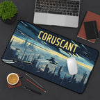 Coruscant playmat featuring a vintage retro travel poster design with city skyline