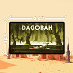 Dagobah playmat featuring TCG desk mat design with vintage travel poster style and swamp landscape. Dimensions 24" x 14".