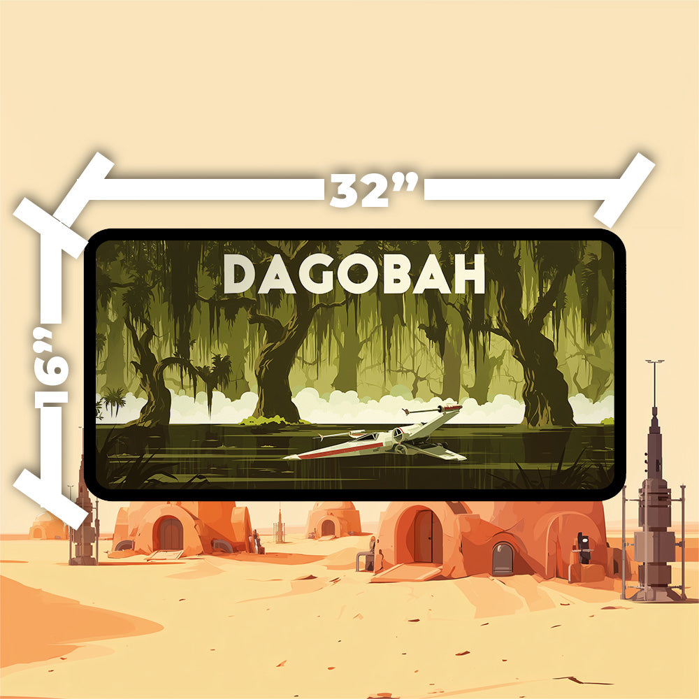 Dagobah playmat featuring misty swamps, twisted roots, and an X-wing in a retro travel poster style.