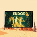 Endor playmat with towering redwoods and warm golden forest tones TCG desk mat