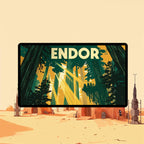Endor playmat with towering redwoods and warm golden forest tones TCG desk mat