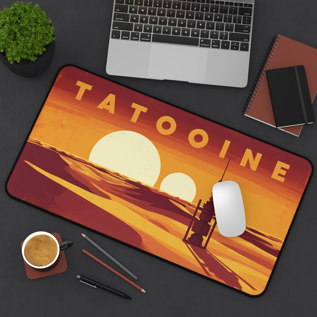 Tatooine playmat featuring a vintage retro travel poster design with twin suns