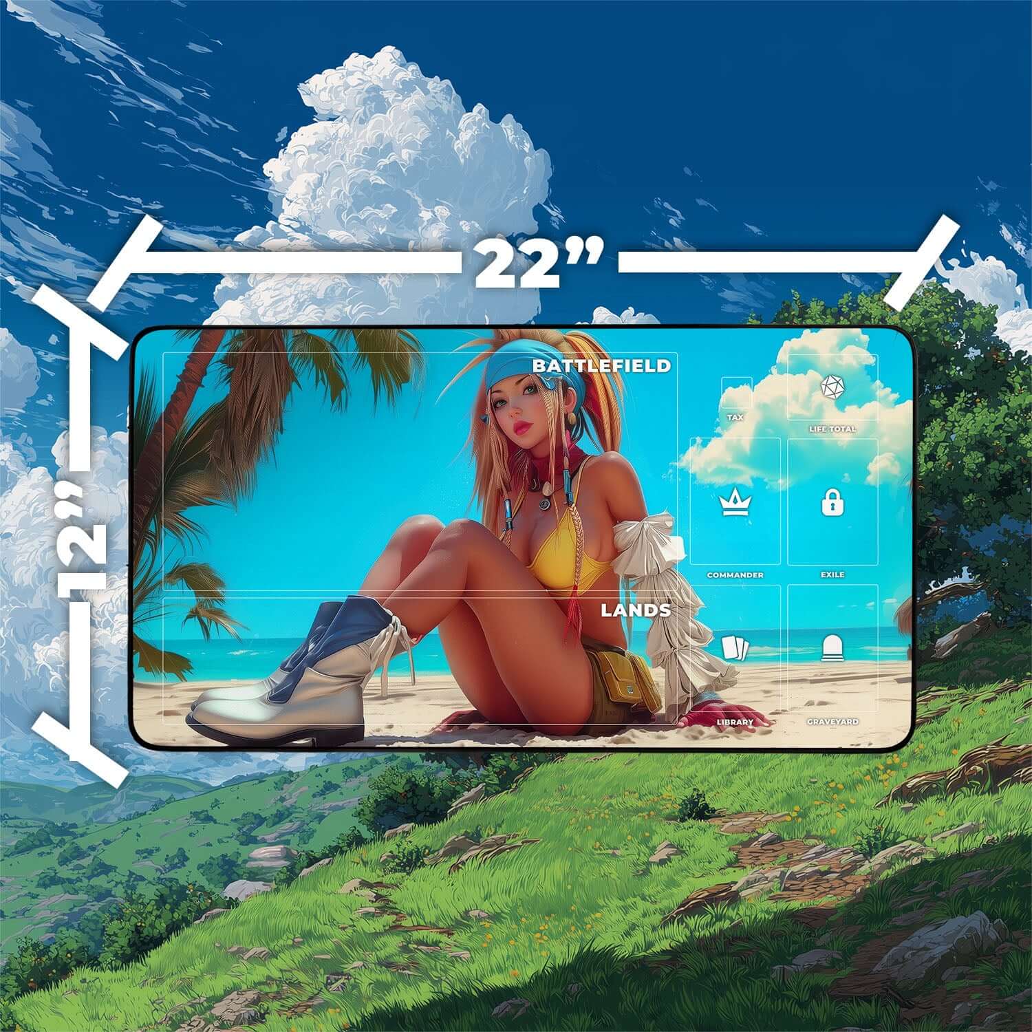 Rikku Beach Vibes Playmat | Final Fantasy Playmat | Pin-Up Beach Playmat with Zones Option | 24x14 | 22x12 | 32x16 Sizes