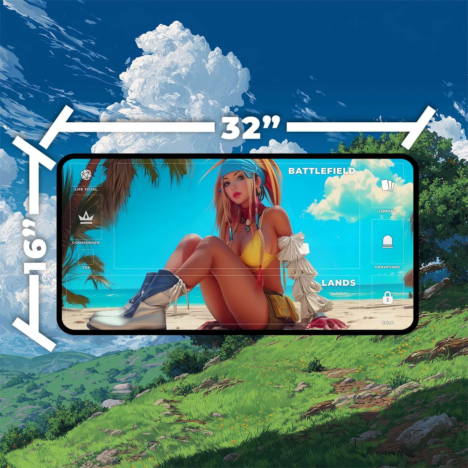 Rikku Beach Vibes Playmat | Final Fantasy Playmat | Pin-Up Beach Playmat with Zones Option | 24x14 | 22x12 | 32x16 Sizes