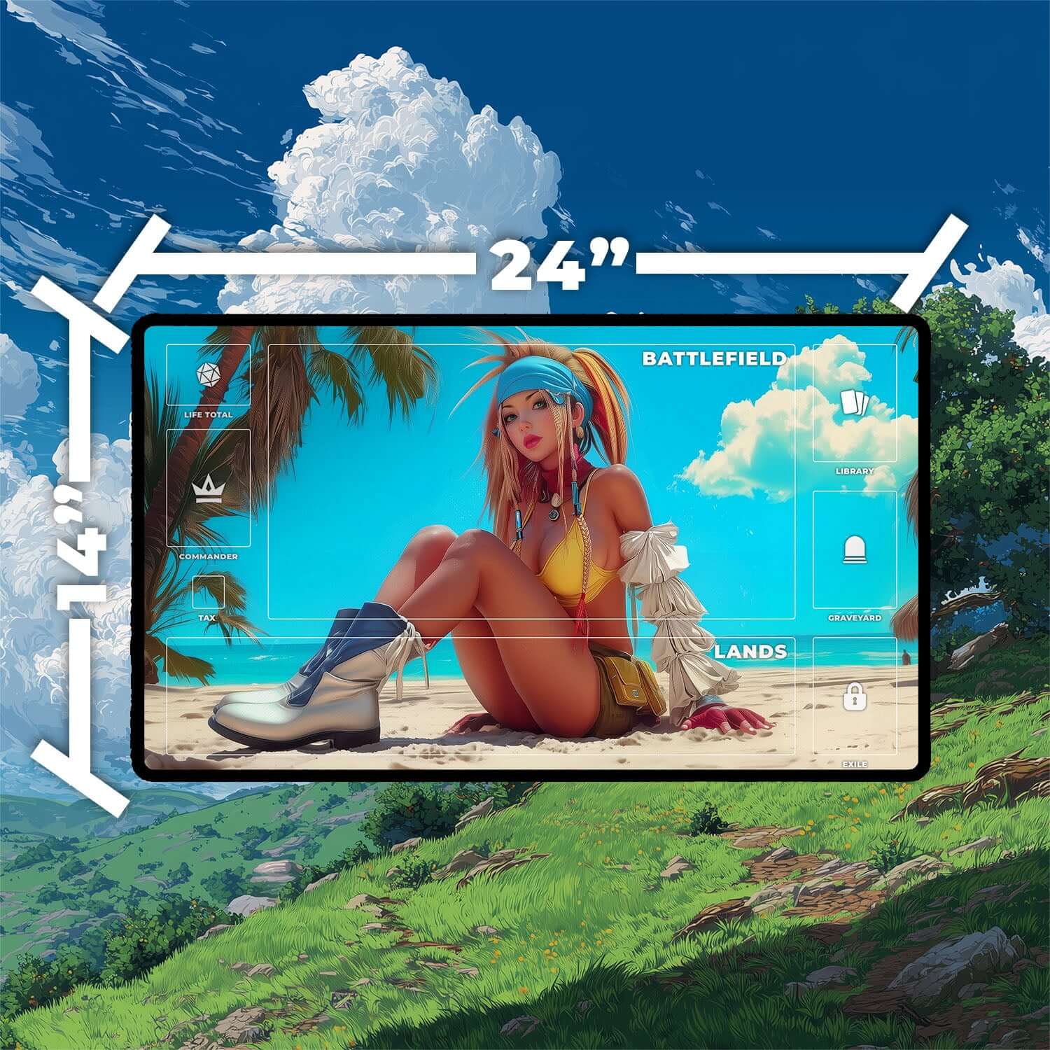 Rikku Beach Vibes Playmat | Final Fantasy Playmat | Pin-Up Beach Playmat with Zones Option | 24x14 | 22x12 | 32x16 Sizes