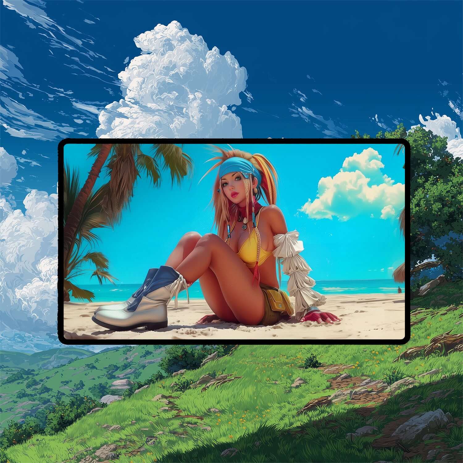 Rikku Beach Vibes Playmat | Final Fantasy Playmat | Pin-Up Beach Playmat with Zones Option | 24x14 | 22x12 | 32x16 Sizes