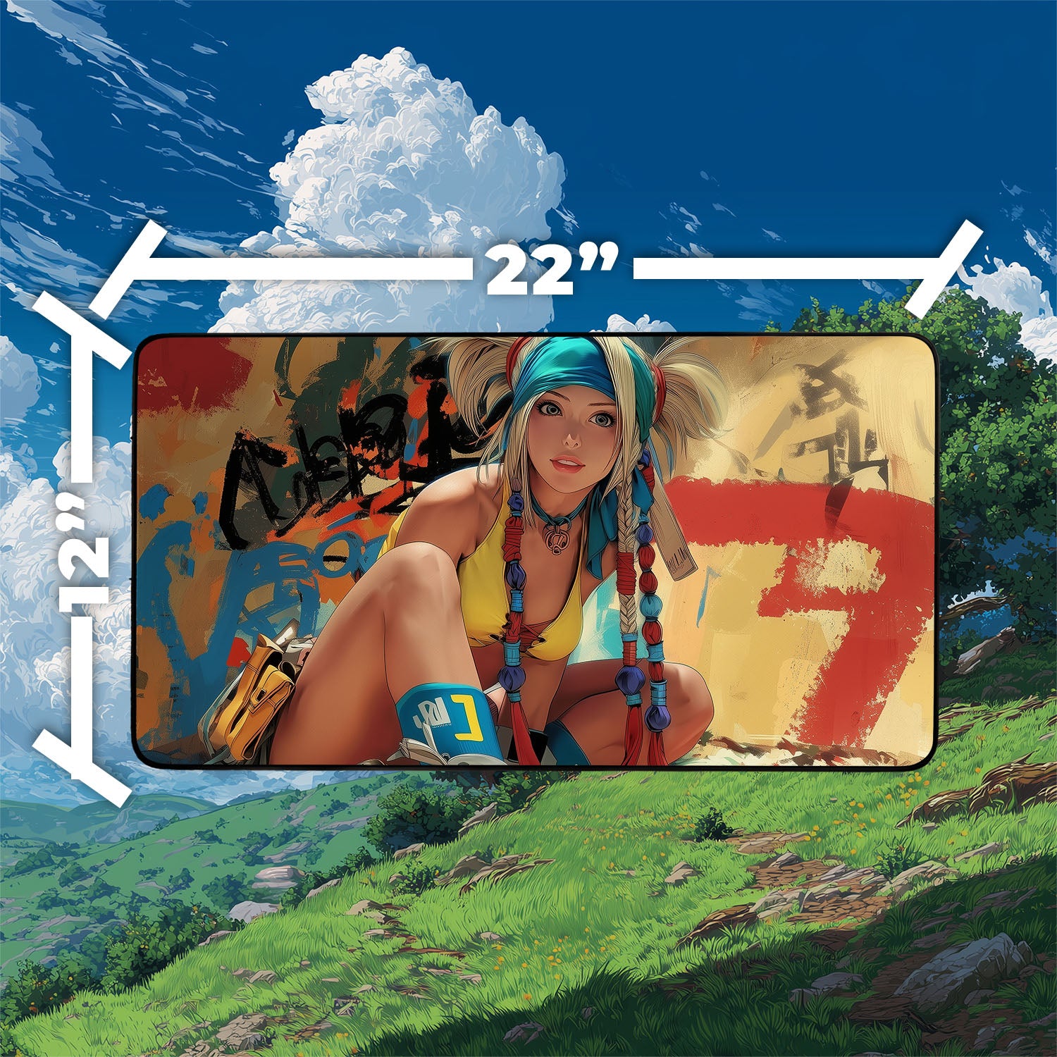 Rikku Playmat | Final Fantasy Playmat | Iconic Fantasy Heroine Playmat with Zones Option | 24x14 | 22x12 | 32x16 Sizes