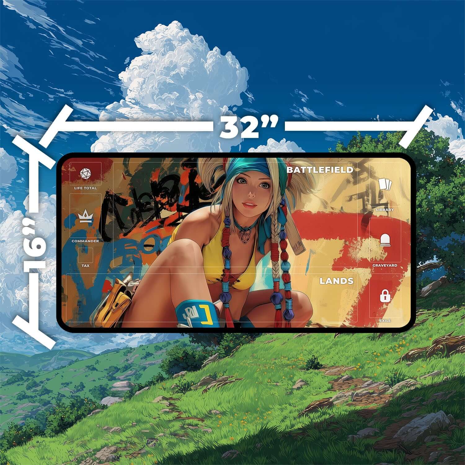 Rikku Playmat | Final Fantasy Playmat | Iconic Fantasy Heroine Playmat with Zones Option | 24x14 | 32x16 Sizes - 32