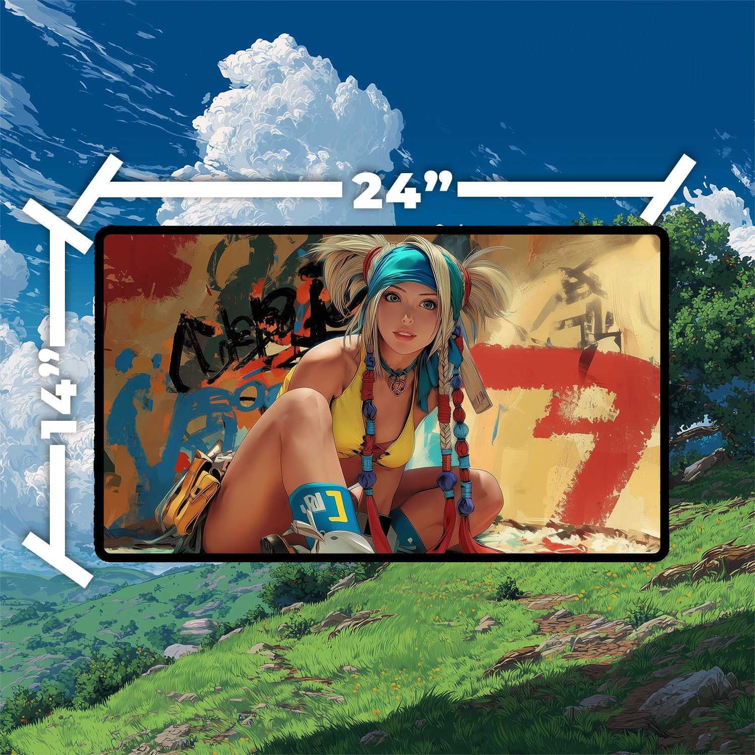 Rikku Playmat | Final Fantasy Playmat | Iconic Fantasy Heroine Playmat with Zones Option | 24x14 | 22x12 | 32x16 Sizes