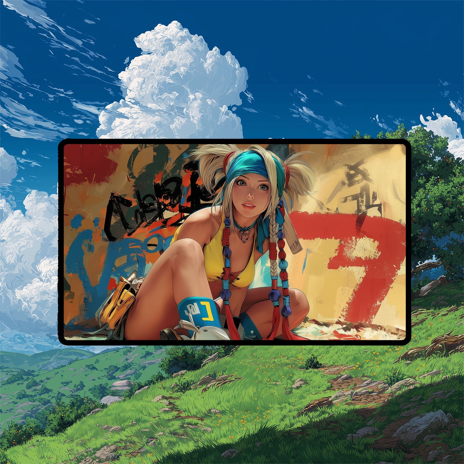 Rikku Playmat | Final Fantasy Playmat | Iconic Fantasy Heroine Playmat with Zones Option | 24x14 | 22x12 | 32x16 Sizes