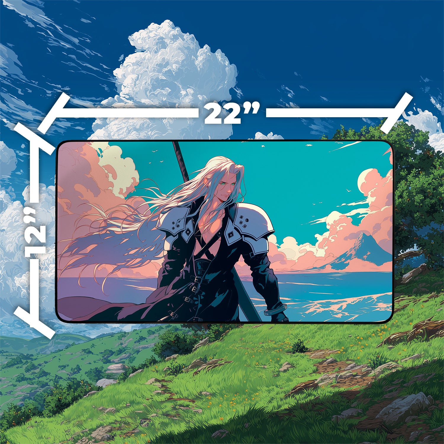 Sephiroth, Fabled SOLDIER Playmat | Final Fantasy Playmat | Iconic Fantasy Warrior Playmat with Zones Option | 24x14 | 22x12 | 32x16 Sizes
