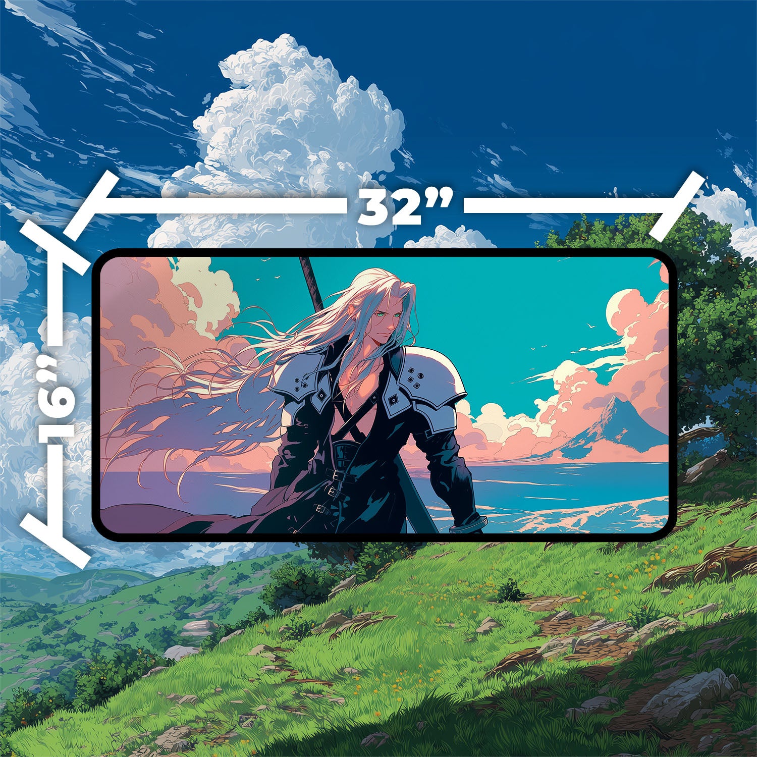 Sephiroth, Fabled SOLDIER Playmat | Final Fantasy Playmat | Iconic Fantasy Warrior Playmat with Zones Option | 24x14 | 22x12 | 32x16 Sizes