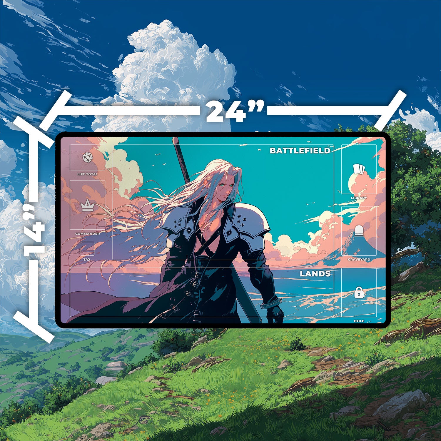 Sephiroth, Fabled SOLDIER Playmat | Final Fantasy Playmat | Iconic Fantasy Warrior Playmat with Zones Option | 24x14 | 22x12 | 32x16 Sizes