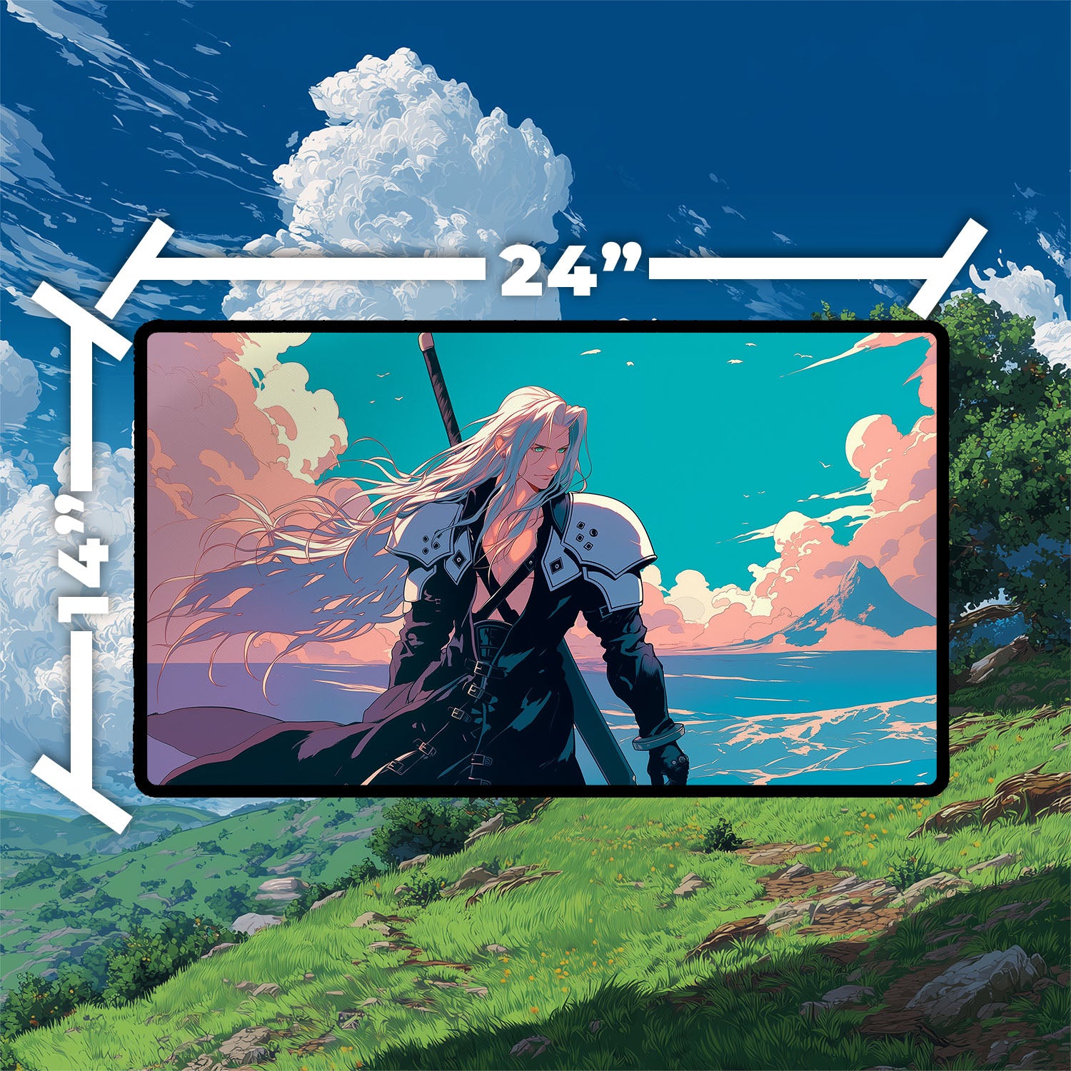 Sephiroth, Fabled SOLDIER Playmat | Final Fantasy Playmat | Iconic Fantasy Warrior Playmat with Zones Option | 24x14 | 22x12 | 32x16 Sizes
