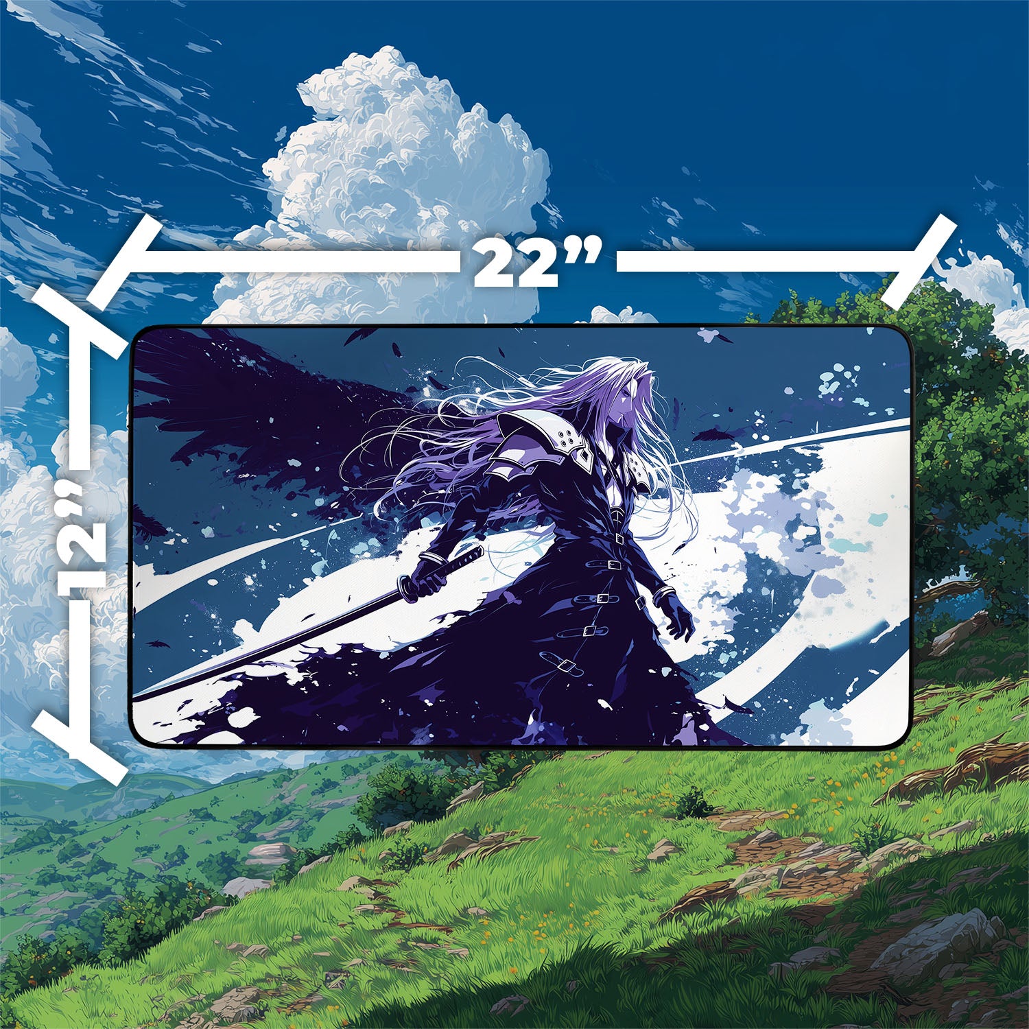 Sephiroth, Fallen Hero Playmat | Final Fantasy Playmat | Iconic Fantasy Villain Playmat with Zones Option | 24x14 | 22x12 | 32x16 Sizes