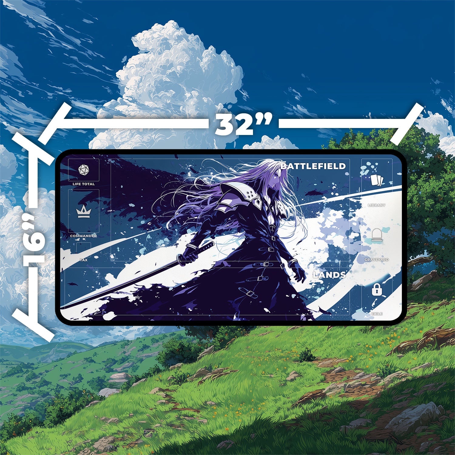 Sephiroth, Fallen Hero Playmat | Final Fantasy Playmat | Iconic Fantasy Villain Playmat with Zones Option | 24x14 | 22x12 | 32x16 Sizes