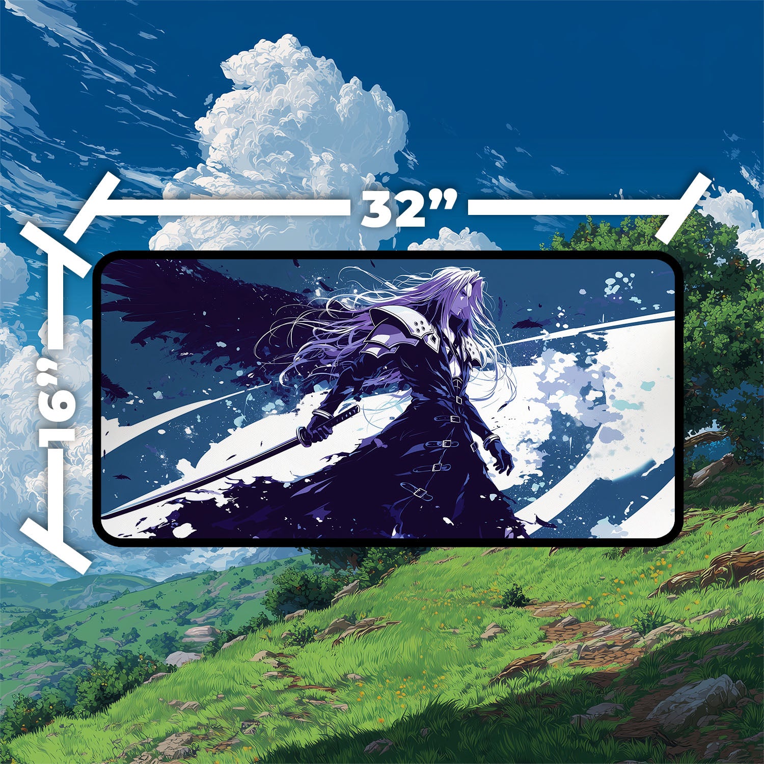 Sephiroth, Fallen Hero Playmat | Final Fantasy Playmat | Iconic Fantasy Villain Playmat with Zones Option | 24x14 | 22x12 | 32x16 Sizes