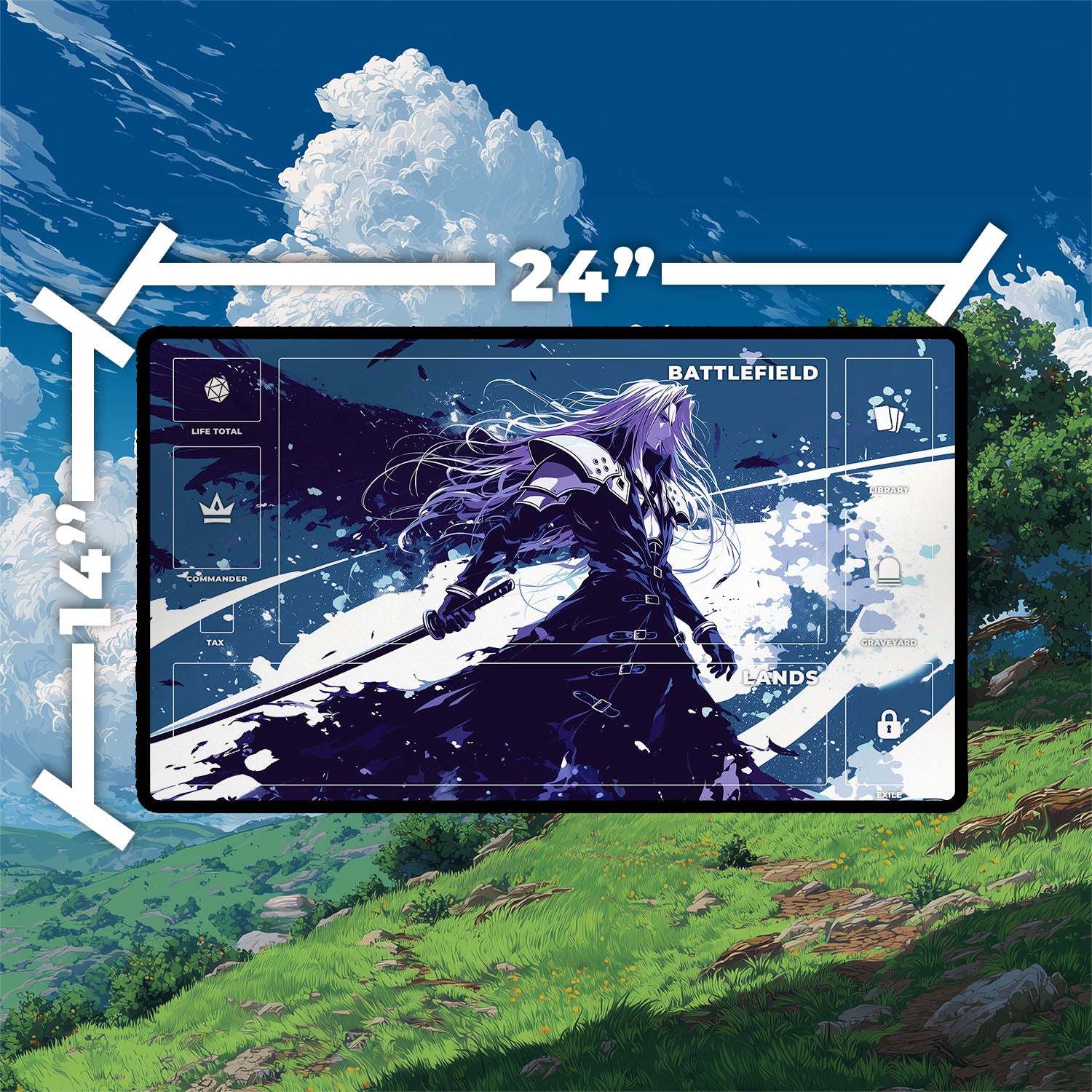 Sephiroth, Fallen Hero Playmat | Final Fantasy Playmat | Iconic Fantasy Villain Playmat with Zones Option | 24x14 | 22x12 | 32x16 Sizes