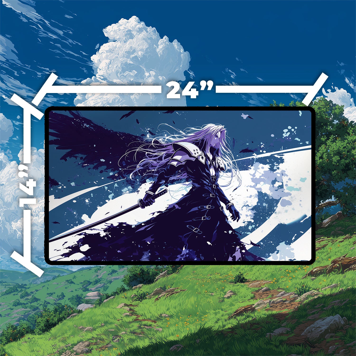 Sephiroth, Fallen Hero Playmat | Final Fantasy Playmat | Iconic Fantasy Villain Playmat with Zones Option | 24x14 | 22x12 | 32x16 Sizes
